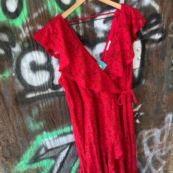 NWT Red Ruffle Lace Wrap Midi Asymmetrical Dress - OBO!! - Picture 10 of 10